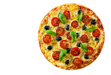 Pizza Margherita or Margarita with Mozzarella cheese, tomato, olive. Italian pizza isolated on white background. with copy space. top view