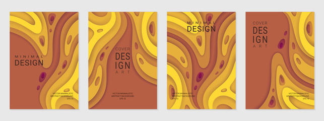 Set of four brochure, flyer or card; Abstract paper cut warm background with wavy layers; Realistic carving art; Vector 3d template with place for text.