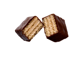 Chocolate candy with filling isolated on a white. Chocolate wafer candies.