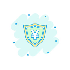 Vector cartoon yen, yuan shield money currency icon in comic style. Yen coin protection concept illustration pictogram. Asia money business splash effect concept.