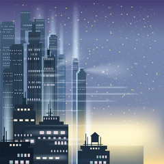 Night city, city scene, skyscrapers, towers, starry sky, lights, horizon, perspective, background, vector, isolated