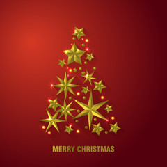 Christmas Tree made of Cutout Gold Foil Stars on Red Background. Chic Christmas Greeting Card