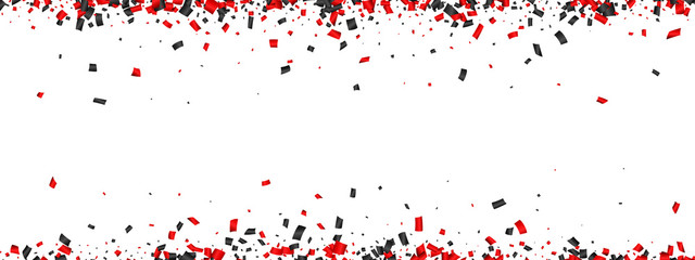 White festive banner with red and black paper confetti.