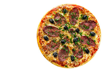 Pizza with Mozzarella cheese, salami, pepper, pepperoni, olives, Spices and Fresh Basil. Italian pizza isolated on white background. with copy space. top view