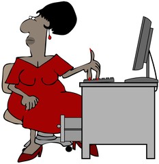 Illustration of a black female office worker sitting at a desk with a computer.