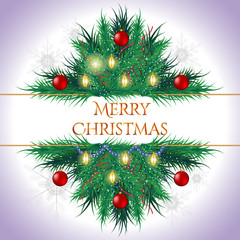 Christmas card. Christmas tree decorated with the toys, ribbons and lanterns.