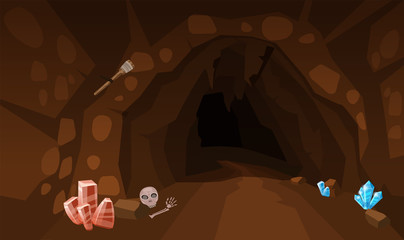 Treasure cave with crystals. Concept, art for computer game. Background image to use games, apps, banners, graphics. Vector cartoon illustration