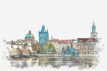 Fototapeta premium Watercolor sketch or illustration of a beautiful view of the ancient architecture of Prague and the Charles Bridge over the Vltava River.