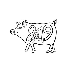 Asian new year sign. Funny pig. 2019 vector illustration.