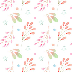 Watercolor Flowers and Leaves Seamless Pattern