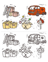 Variation of colorful objects displayed in a row against white background