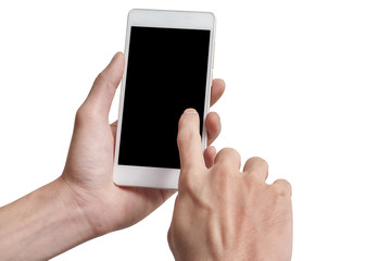 Close up of hand holding blank advertising smartphone advertisement for adjust your message isolate on white background, with clipping path.