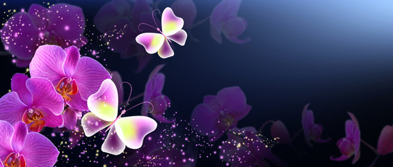 Fototapeta na wymiar Butterflies with orchids and glowing stars
