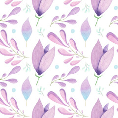 Watercolor Flowers and Leaves Seamless Pattern