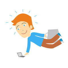 Joyful male businessman freelancer flies with a briefcase in his hand and with a laptop. Vector illustration concept.