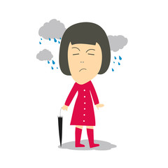 Dissatisfied woman in a red dress in the rain with an umbrella in her hands. Vector illustration concept.
