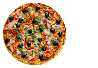 Pizza with Mozzarella cheese, ham, pepper, meat, Tomatoes, olives, Spices and Fresh Basil. Italian pizza isolated on white background. with copy space. top view