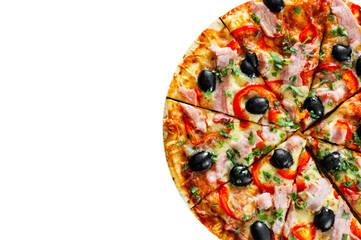 Pizza with Mozzarella cheese, ham, pepper, meat, Tomatoes, olives, Spices and Fresh Basil. Italian pizza isolated on white background. with copy space. top view
