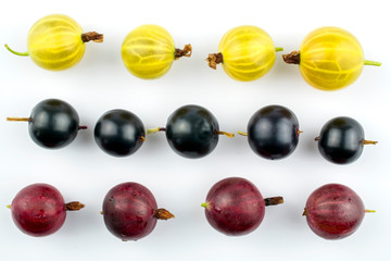 Berries of blackberry, raspberry, yellow goosebsrry isolated on a white background.
