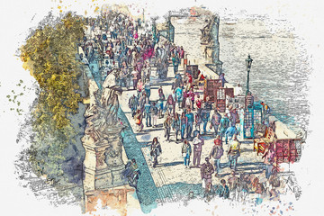 Naklejka premium Watercolor sketch or illustration of the view of the Charles Bridge over the Vltava River in Prague. Tourists and locals walk along the bridge. Popular city landmark.