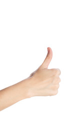 Woman hand show thumb up gesture isolate on a white background