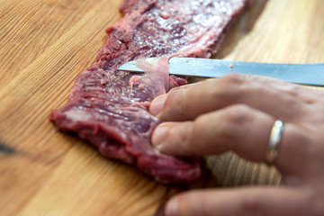 Preparation of raw Skirt Steak for the barbecue