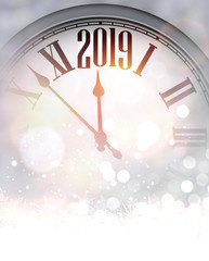 Naklejka na ściany i meble Grey blurred 2019 New Year background with clock. Greeting card.