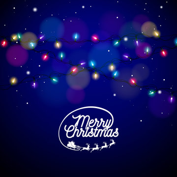 Christmas Illustration with Glowing Colorful Lights Garland for Xmas Holiday and Happy New Year Greeting Cards Design on Shiny Blue Background.