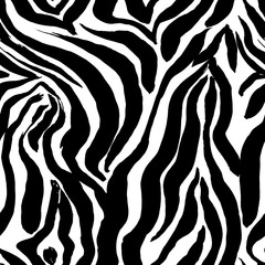 Brush painted zebra seamless pattern. Black and white stripes grunge background.