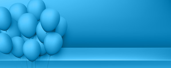 Blue festive banner with balloons. Holiday decoration.