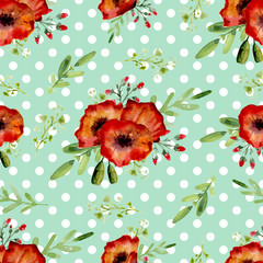 Seamless pattern with red poppies. Watercolor hand drawn