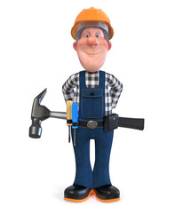 3d illustration Builder worker in overalls with hammer/3D illustration of funny engineer plumber character engaged in repair