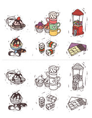 Variation of sweet food objects displayed in a row against white background