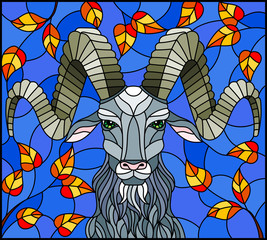 Naklejki  Illustration in stained glass style with ram head,on the background of autumn tree branches and the sky, a rectangular image