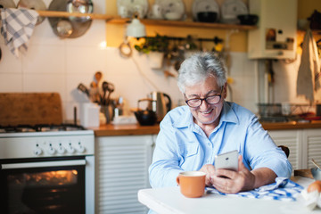 Senior woman is using mobile phone, smiling at cozy home kitchen. Grandmother has tea break in...