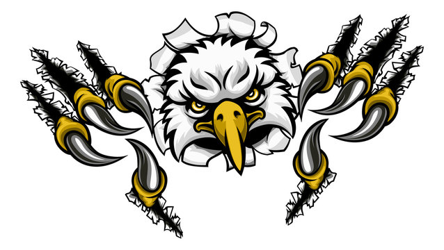 An eagle bird sports mascot cartoon character ripping through the background with its claws ot talons