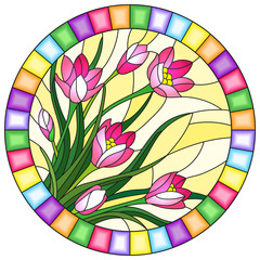 Illustration in stained-glass style with pink flowers  Crocuses on a yellow  background in a bright frame, round image