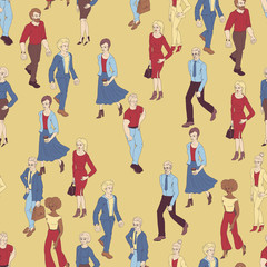 Seamless pattern with business people walking. Cartoon style illustration with men and woman. Casual street fashion vector.