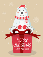 Merry Christmas and happy new year greeting card with cute bear  wear Christmas costume on gifts box . Cartoon character vector.