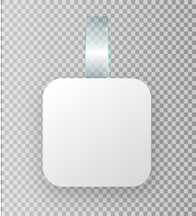 Blank white wobbler hang on wall mock up, 3d rendering. Space round paper mockup on plastic transparent strip. Clear price sticker square shape.
