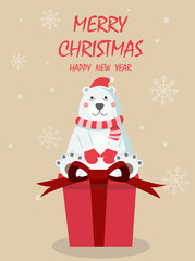 Merry Christmas and happy new year greeting card with cute bear  wear Christmas costume on gifts box . Cartoon character vector.