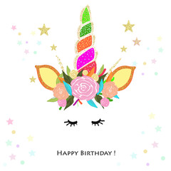 Colorful unicorn Birthday invitation. Baby shower, party invitation greeting card © Gulsen Gunel