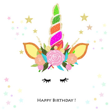 Colorful Unicorn Birthday Invitation. Baby Shower, Party Invitation Greeting Card