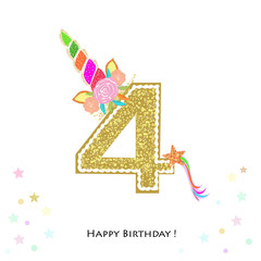 Four. Fourth birthday. Colorful unicorn birthday invitation. Baby shower, party invitation greeting card © HELIORA