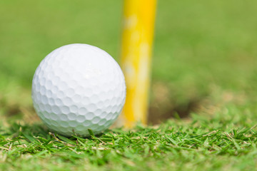 Golf ball on the green grass to the hole