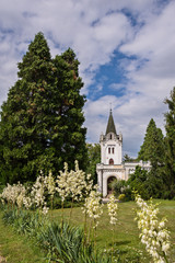 chapel with bell tower among the trees in the park and blue sky