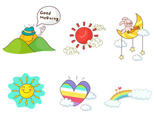 Variation of colorful objects displayed in a row against white background