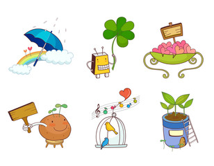 Variation of colorful objects displayed in a row against white background