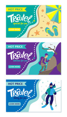 Travel banner for web site. Set of vector template design. Tourism. Summer tours, extrim tours, winter tours