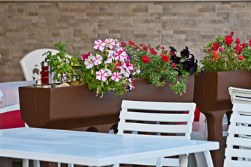 Fototapeta na wymiar table and chairs and flowers in a restaurant outdoors